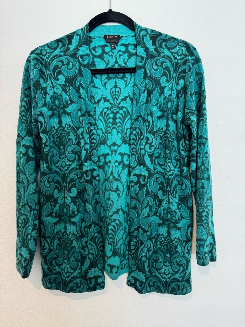 Talbots 100% Merino Wool Green Paisley Print Long Sleeve Cardigan